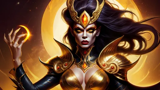 Prompt: This is a digital art fantasy illustration that depicts a powerful, demonic drag queen character with dark, flowing hair. a cyclops with one eye. Her sharp, angular features and intense, golden eyes convey strength and determination. The character's armor is ornate and jagged, with glowing gold highlights, enhancing his formidable presence. The warm, golden background features a surreal, otherworldly landscape with tall, spire-like structures and a reflective, shimmering body of water. The dynamic pose, detailed armor, and glowing atmosphere suggest a warrior of immense power, evoking a sense of majesty and danger. Digital art illustration