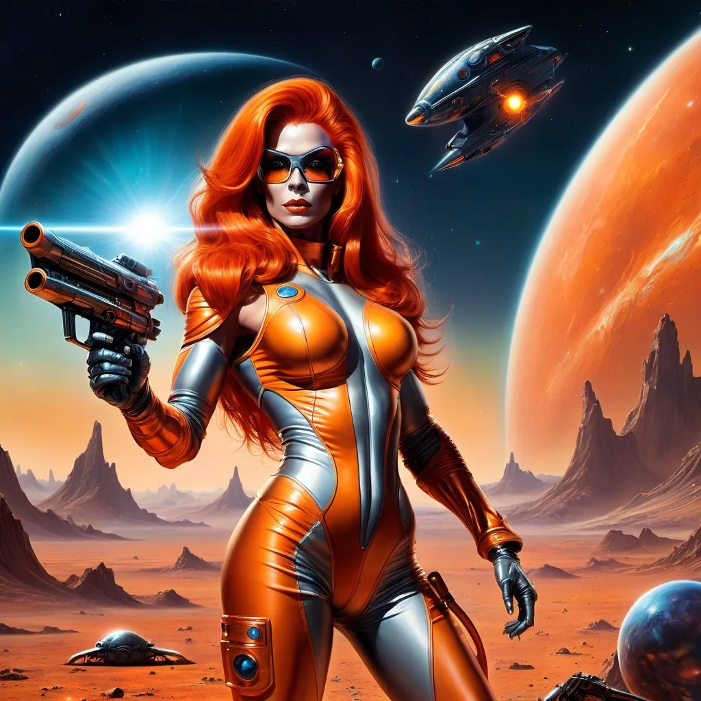 Prompt: fantasy in the style of julie bell, sci-fi, gorgeous muscular drag queen in form-fitting space suit, long dark orange hair holding a laser gun. alien planet in the background. 