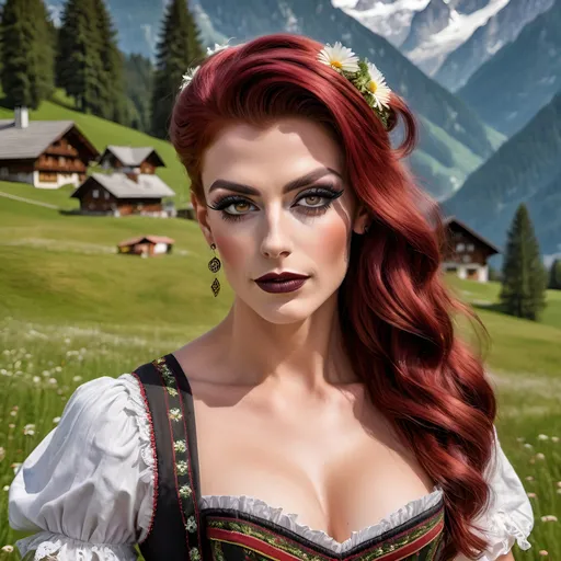 Prompt: Gorgeous muscular 25-year-old German drag queen with dark red hair, very strong masculine jawline and brow,  dark eyeshadow and dark lipstick, in Alps meadow wearing dirndl traditional folk dress, serene atmosphere, high-quality, detailed, realistic, traditional painting, Heidi-inspired, nature bliss, snow-covered peaks, peaceful, tranquil, alpine meadow, joyful lamb,warm sunlight, golden hour lighting, traditional art style, idyllic, joyous, pristine nature