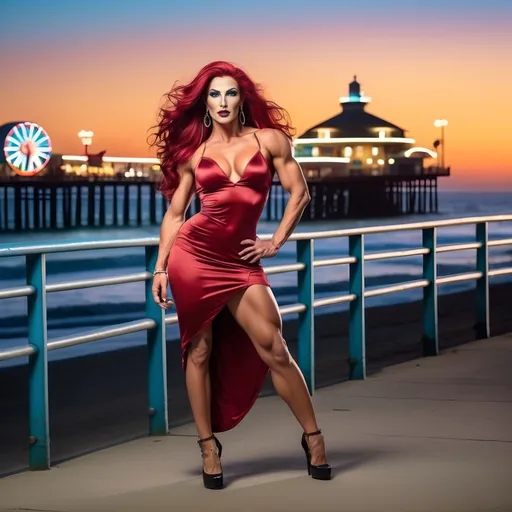 Prompt: Hi-res, 8k hd, Full body photography, Gorgeous tall muscular Italian drag queen bodybuilder, 25 years old, ultra-long straight dark red hair (((blowing in wind))), crystal blue eyes, long muscular legs, muscular physique, dark smoky eyeshadow, dark red lipstick, smiling, short yellow cotton sundress, 8 inch stiletto high heel shoes, standing in front of the Santa Monica Pier at dusk, 8k photo, elegant, stylish, detailed features, highres, natural lighting, vibrant colors. Full length photography, full body photography. Ultra-detailed,  ultra-realistic. 