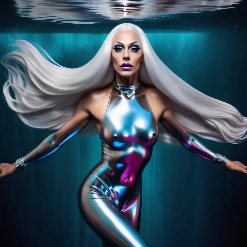 Prompt: A gorgeous ultra-muscular 25-year-old Swedish drag queen goddess with very long straight silver hair swimming in a lake of liquid Mercury in outer space. Vivid colors. Hd imaging.