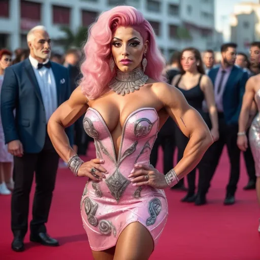 Prompt: Very detailed and hyper realistic full-length photo of 25-year-old gorgeous muscular Tunisian drag queen bodybuilder with 50s style pink hair wearing a hyper realistic and very detailed Paco Rabanne dress 64k, ultra hd, 3d quality  500mpx reflex red carpet awards