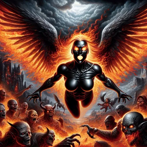 Prompt: Ultra-muscular dark angel with dark masked face of fire, fire coming from her eyes, wings made of fiery flame, flying into hell, attacking demon hoard