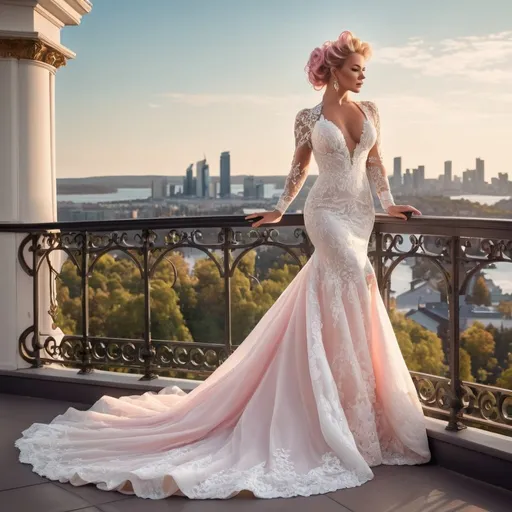 Prompt: Gorgeous ultra-muscular 25-year-old Finnish goddess bodybuilder with huge busom and ridiculously long wavy pink updo hairstyle wearing an elegant white wedding dress, standing on the balcony of her luxurious mansion overlooking the city skyline. She has soft makeup. The gown features delicate lace detailing along its bodice and halter neckline, complemented by sheer sleeves that accentuate her figure's curves. Her pose is confident yet graceful as she gazes out at the horizon, embodying grace and elegance in timeless beauty in the style of a classic painting