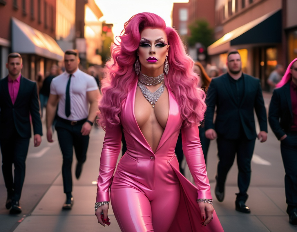 Prompt: A high definition hyper-detail live action digital photograph of A gorgeous ultra-muscular 25-year-old Polish genderfluid drag queen with long dark pink hair wearing an amazing ensemble of both men and women's attire, and 8 inch stiletto high heel shoes.  Walking down the street at sundown.