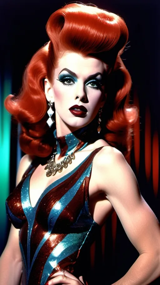 Prompt: Jimmy Stewart dressed as gorgeous ultra-muscular 25-year-old drag queen, striking a confident pose, (glam rock short dress), 8 inch stiletto  high  heel  boots, intricate details and textures, bold metallic colors, dynamic patterns, dramatic lighting, ultra-detailed, high contrast, sparkling accessories, dark eyeshadowand dark red lipstick, random hairstyle and color, lively studio background, vibrant ambiance, captivating energy, HD quality, inspired by fashion powerhouses.