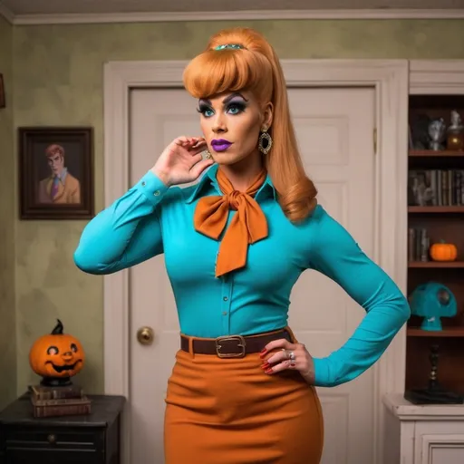 Prompt: Gorgeous muscular 25-year-old drag queen (masculine jawline and brow facial features) dressed as Fred Jones ((((scooby doo character)))) in white long sleeve shirt, teal long skirt and orange ascot with blonde, blonde updo, large busom, long muscular legs and 8 inch stiletto high heels shoes, spooky, dark, dimly lit haunted attic. white long sleeve shirt. Ghosts and spiders