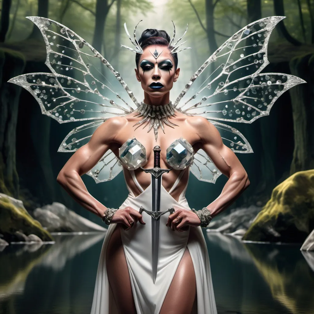 Prompt: Abstract image of a beautiful muscular 35-year-old faerie drag queen with marble skin cracking and breaking away holding an elegant gem-studded sword horizontally in one hand as she stand submerged in a forest mountain lake. Large symmetrical moth wings folded around herself.  Arms crossed in front of a gown of quartz crystals. In an armory.