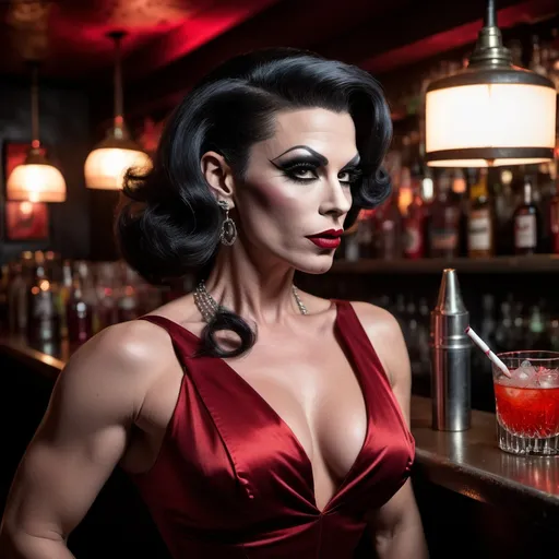 Prompt: Gorgeous muscular 35-year-old femme fatale drag queen (strong masculine jawline and brow) in a dimly lit gritty bar, (1950s noir aesthetics), leaning against the bar, wearing a sleek red cocktail dress, dark eyeshadow, dark lipstick, (holding a lit cigarette), wisps of smoke drifting, dramatic shadows, atmospheric ambiance, (high detail) & (cinematic quality), 8K resolution, hooded incandescent lamp spotlighting her hauntingly beautiful appearance, evokes tension and allure, capturing the essence of classic noir photography.