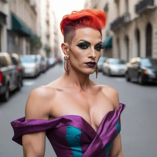 Prompt: Location: Random
Clothing: Random colorful Valentino outfits
Hair color: Random 
Hair length: Random

Gorgeous muscular 35-year-old French drag queen bodybuilder (strong masculine jawline and brow facial features), big busom, dark eye makeup, dark lipstick, 8 inch stiletto high heel shoes. 