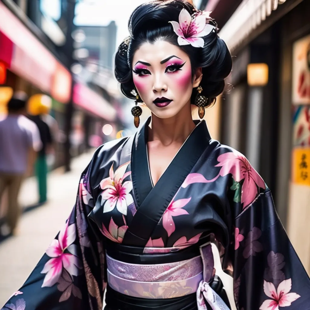 Prompt: Gorgeous muscular 25-year-old Japanese drag queen bodybuilder (masculine jawline and brow features) with dark eyeshadow, dark lipstick, and huge busom walking down the high street, detailed clothing, realistic, natural lighting, photorealistic, Japanese flower design on her kimono. Black hair in traditional Japanese style. 