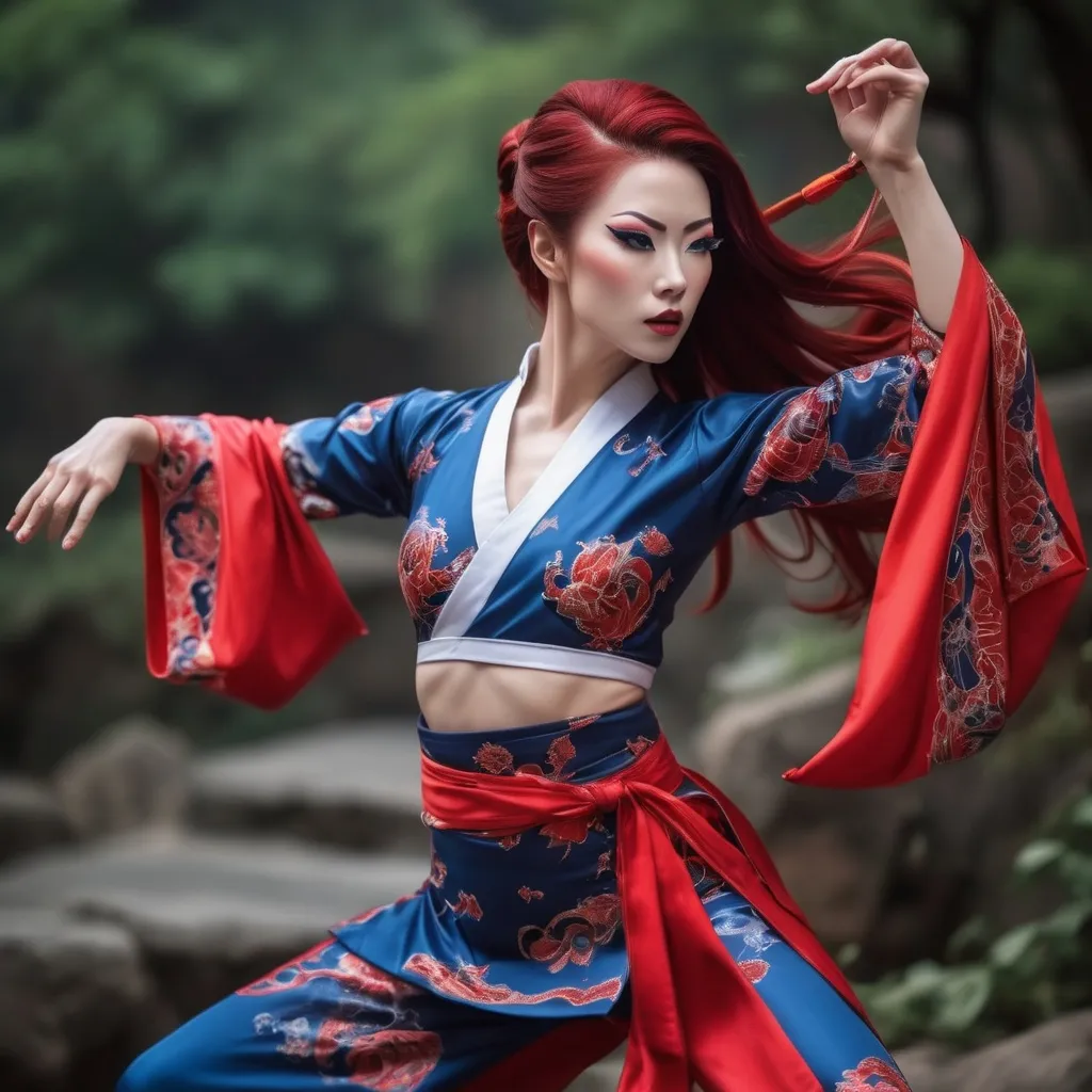 Prompt: Central to the image is a (drag queen kungfu master), (shaolin temple), 
 (mountain view), flowing dark red hair cascading down her shoulders, dressed in a traditional Taiji workout with exquisite (red, blue and black) patterns, dynamic pose, fair white skin, beautiful green eye, show abs, perfect anatomy, centered, freedom, soul,tie up bun hair, approach to perfection, cell shading, 4k , cinematic dramatic atmosphere, global illumination, detailed and intricate environment, , cinematic lighting,illuminated by warm, soft light, enhancing the tranquil and graceful atmosphere, (HD), showcasing her delicate features and serene expression in a captivating portrait style.ng,