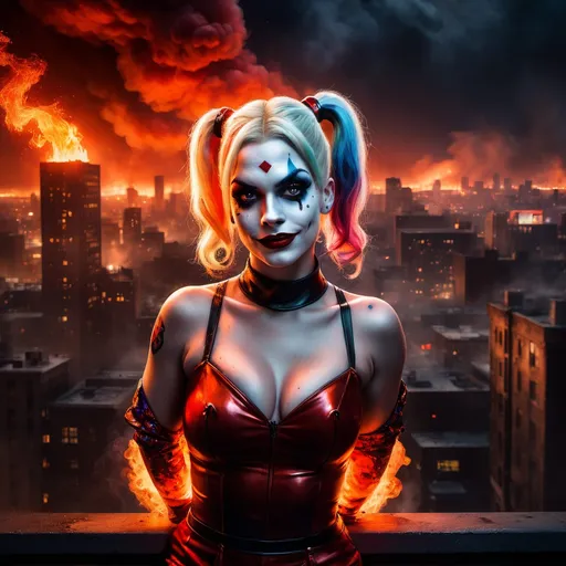 Prompt: Drag queen Harley Quinn perched on a window, hands in the air in triumph, gazing into a fiery cityscape, flames illuminated against a dark sky, dramatic tones, vivid reds and oranges, smoke swirling in the air, high detail, moody atmosphere, urban environment, nighttime, powerful contrast, cinematic lighting, ultra-detailed, surreal and intense emotional vibe.
