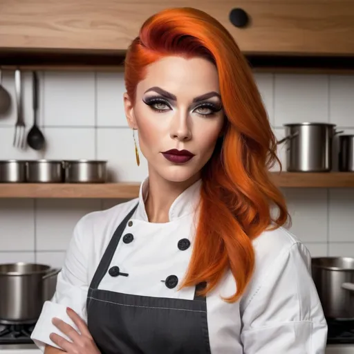 Prompt: The portrait should capture a confident gorgeous muscular 25-year-old Norwegian drag queen chef, standing in a stylish, modern kitchen. She’s wearing a crisp white chef's jacket with neatly rolled sleeves, and an apron tied around her waist. Her face has a warm, friendly expression, with eyes that show both passion and focus. Her short, dark orange hair is well-groomed. She has on dark eyeshadow and dark red lipstick.

In one hand, she’s holding a wooden spoon, stirring a pot on the stove, and in the other, she’s holding a small plate with artfully arranged food. The kitchen behind she is sleek, with stainless steel counters, pots hanging on the walls, and fresh ingredients like herbs and vegetables neatly arranged. The colors are vibrant yet natural, giving a sense of liveliness and freshness, with subtle hints of warm sunlight streaming in through a nearby window.

Overall, the mood is a blend of professional mastery and down-to-earth charm, conveying a chef who loves her craft and connects with her food and environment.