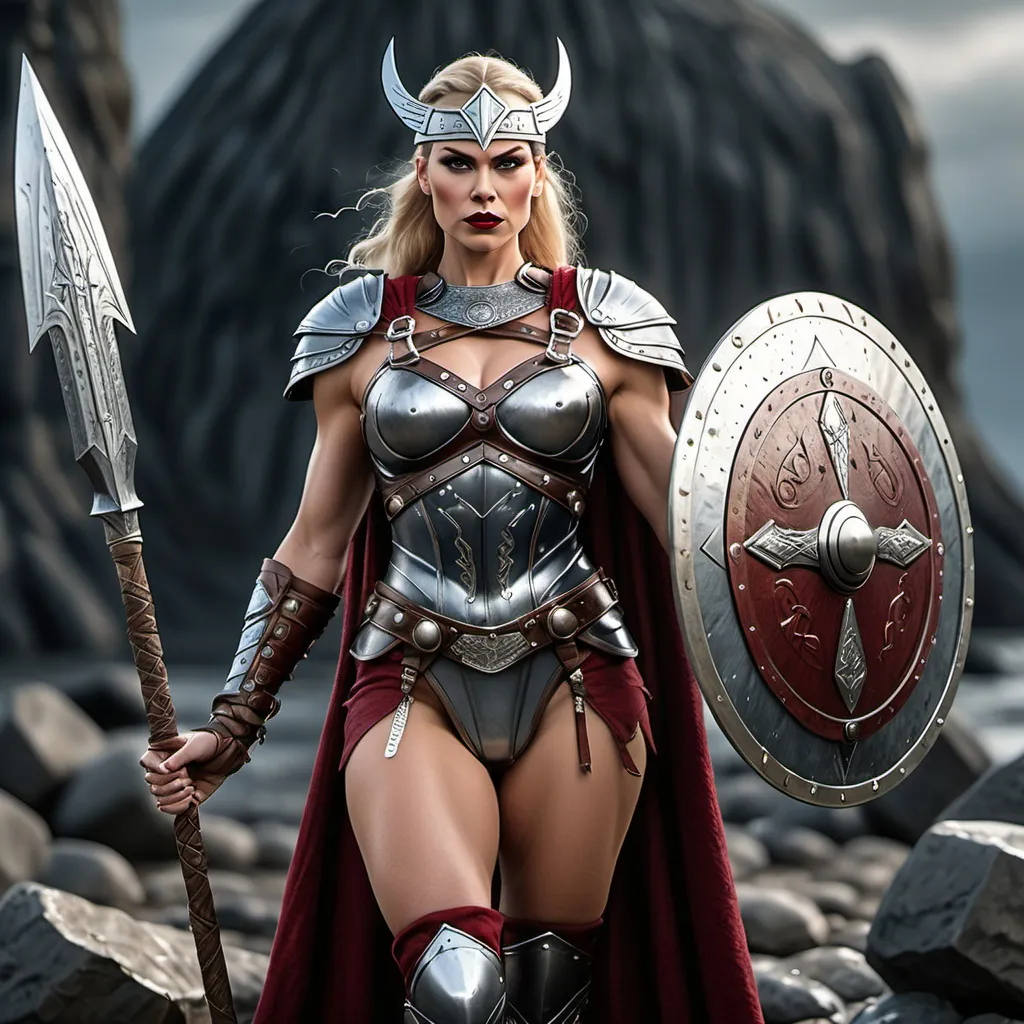 Prompt: Generate a highly photorealistic portrait full body shot of a gorgeous muscular 35-year-old Viking Valkyrie drag queen (strong masculine jawline and brow features) with large busom, holding a magical spear, silvery viking armor with runes, dark red lipstick, thick legs, over knee boots. She is looking down while standing. She is standing in an ancient Viking city.