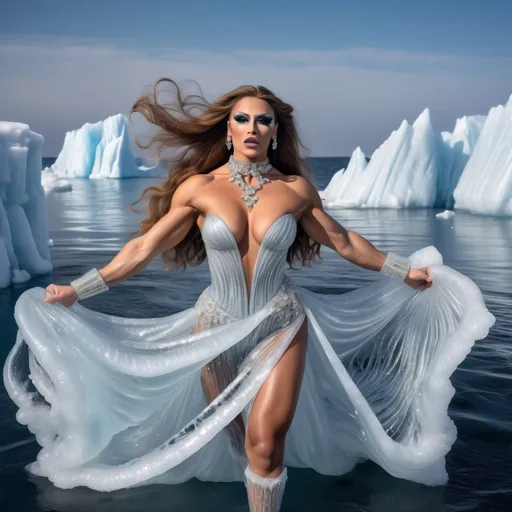 Prompt: 25-year-old gorgeous muscular Serbian drag queen bodybuilder with huge busom and long flowing hair of ice, wearing a long flowing gown made of ice, ice choker, ice jewelry, and 8 inch stiletto high heel shoes of ice dancing on iceberg. Frozen ocean waves background.