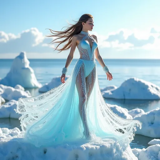 Prompt: 25-year-old gorgeous ultra-muscular Czechian goddess with long muscular legs and long flowing hair of ice wearing a long flowing gown made of ice, ice choker, ice jewelry, and 8 inch stiletto high heel shoes of ice dancing on iceberg. Frozen ocean waves background.