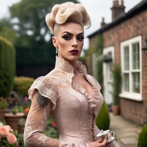 Prompt: Gorgeous muscular 25-year-old British drag queen ((strong masculine jawline and brow features)) wearing a tea-gown, year 1905. Garden patio. Lace. frills. realistic. pretty face