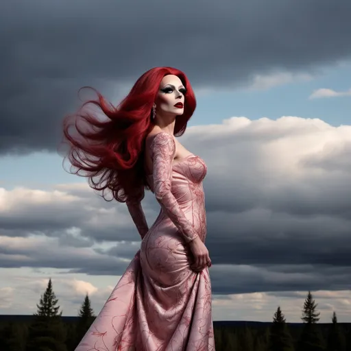 Prompt: (masterpiece), (best quality), (ultra-detailed), A gorgeous 35-year-old Finnish drag queen standing gracefully, her delicate figure silhouetted against the backdrop of a breathtakingly beautiful sky. The air is filled with a sense of serene tranquility as the wind gently rustles through her  dark red hair, causing the extremely delicate and beautiful fabric of her dress to billow softly around her. As she gracefully moves, flying splashes of water and petals accompany her, caught up in the ethereal dance of the wind. The scene is a symphony of beauty, with every detail meticulously crafted to evoke a sense of wonder and awe