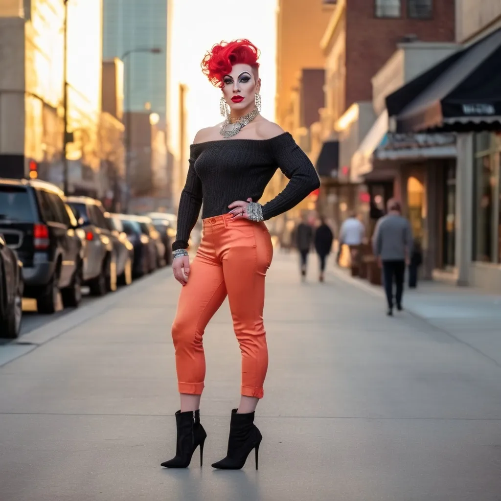 Prompt: Front view of a handsome man DRESSED UP AS a 25-year-old, muscular, gorgeous French DRAG QUEEN wearing capri pants, off the shoulder sweater, and 8 inch stiletto high heel ankle boots. Hanging out downtown at sunset.