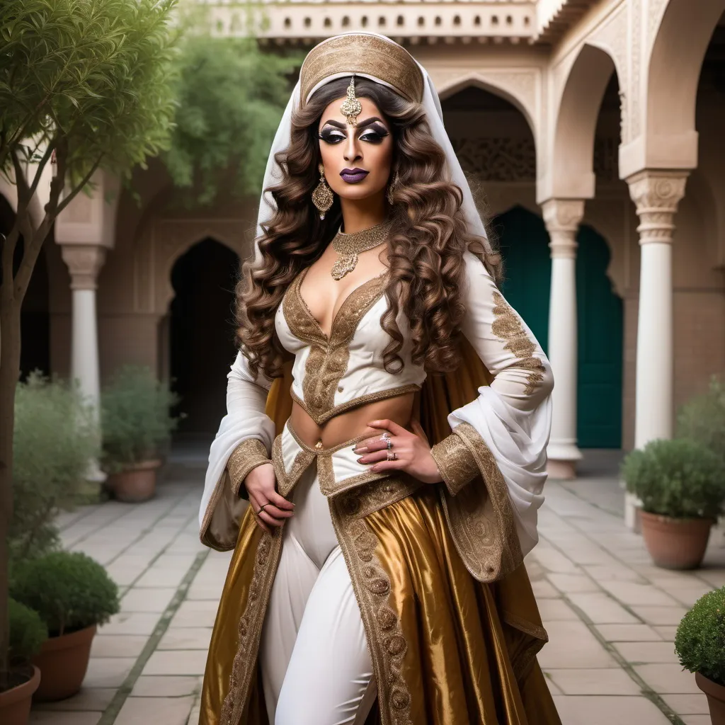 Prompt: A realistic photograph of A gorgeous  muscular  25-year-old  Arabic drag queen  dressed up as a 17 century Islamic Mughal court dancer Laila with long curly brown hair wearing dupatta in the courtyard garden  