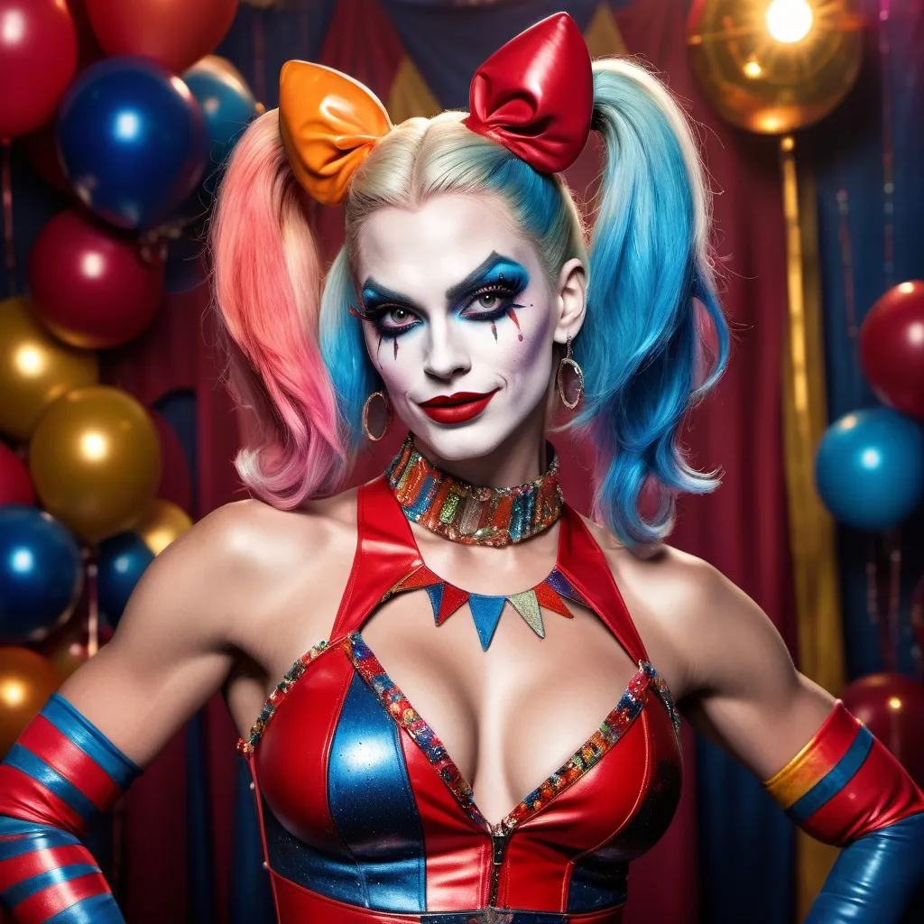 Prompt: If Harley Quinn was a gorgeous supermodel drag queen (full length photo) with long muscular legs and a very muscular physique