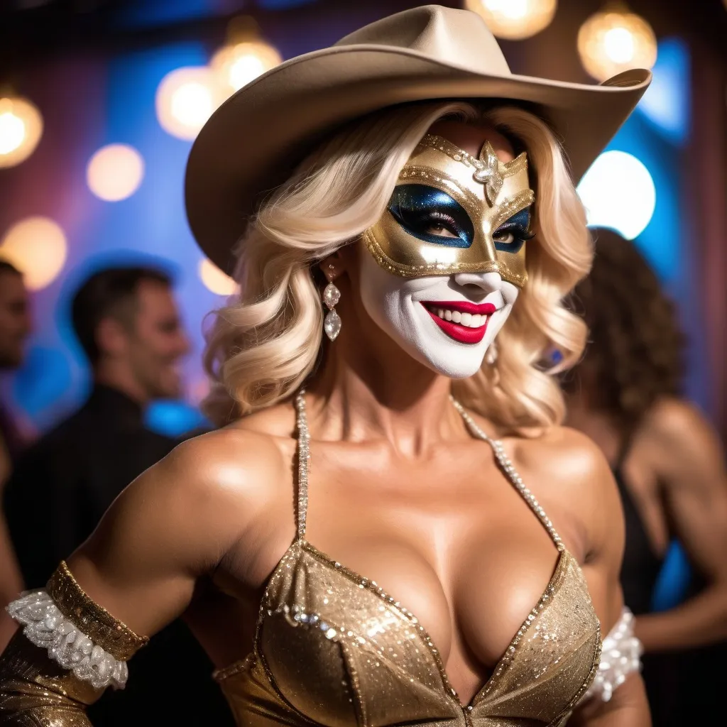 Prompt: A wide, soft focus, full-body (((cowboy shot))) of a masked Swiss champagne drag queen diva bodybuilder at a bohemian masquerade ball. Dramatic lighting and shadows. She is laughing heartedly, expressive body language.