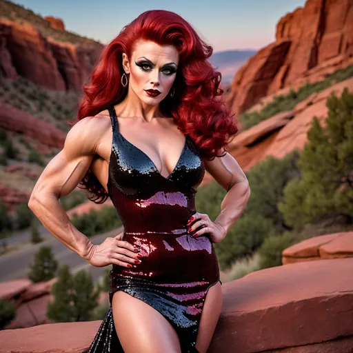 Prompt: James Dean transformed into A gorgeous muscular 35-year-old British drag queen bodybuilder with large busom, dark eye makeup, dark lipstick, a long curly dark red hair, wearing an asymmetrical black sequined gown, and 8 inch platform stiletto high heel knee-high boots, Colorado Red Rocks at sundown in the background. 