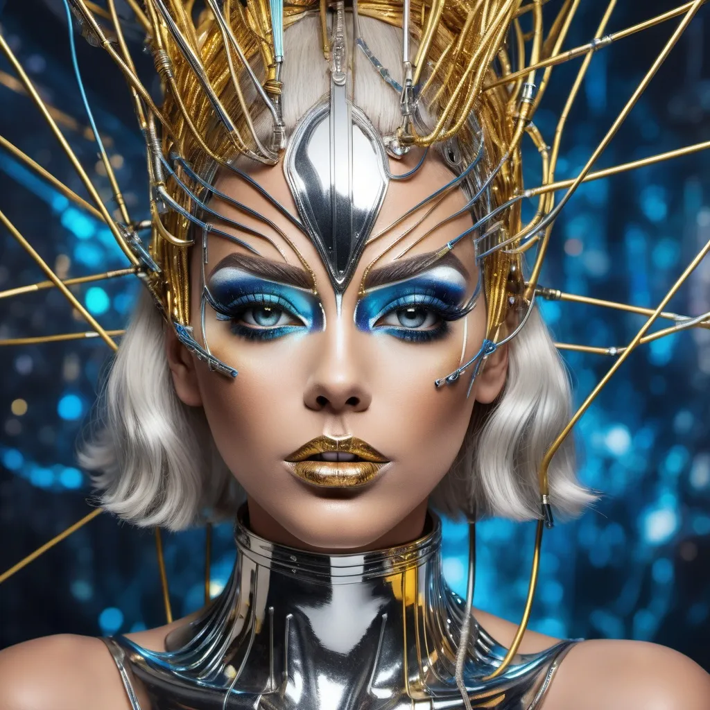 Prompt: a gorgeous 25-year-old drag queen's face is futuristically transformed into a chrome-plated structure covered in wires. The left blue eye is shown in photo-realistic detail. the right eye futuristic. It is surrounded by silver and gold detailed small shapes against an abstract background that depicts dark yellow tones as dripping paint 