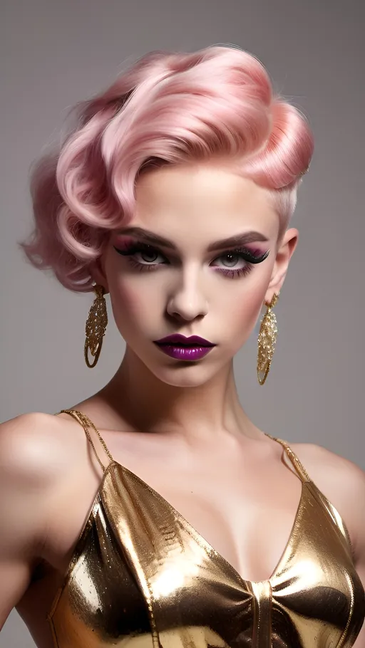 Prompt: a gorgeous ultra-muscular 18-year-old Slovakian drag queen bodybuilder with short pink wavy pixie hair and a gold dimante dress is posing for a p, Chica Macnab, neoclassicism, full round face, dark eye makeup,  dark lipstick, bow earrings with diamond necklace and glossy lips