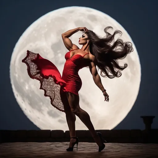 Prompt: Gorgeous muscular 25-year-old Portuguese drag queen bodybuilder (with long wavy hair, short flamenco dress and 8 inch stiletto high heel shoes) dancing flamenco in silhouette through a giant full moon.