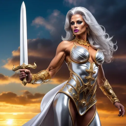 Prompt: (A gorgeous muscular 35-year-old French drag queen bodybuilder with silver hair in a golden outfit holding a sword), (dramatic sky background), epic fantasy character, dynamic pose, vibrant colors, intricately detailed armor, highlights reflecting gold, ethereal mood, captivating expression, fantasy elements, masterpiece digital rendering, rich textures, high quality, (Anne Stokes style).