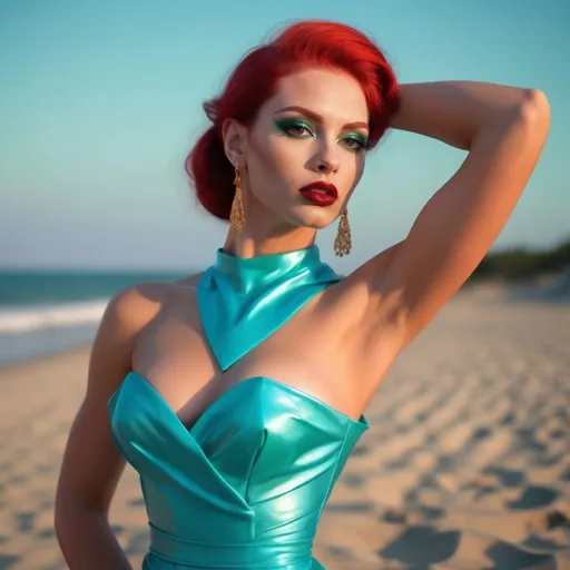 Prompt: captivating portrait, beautiful stylish muscular 25-year-old Czechian drag queen bodybuilder in a stunning neon Teal dress on the beach at sunrise, romantic chic minimalism, surrealistic realism, petite, Wes Anderson aesthetic, (true summer color palette), long shiny straight burnt orange hair, pretty hypnotizing eyes, rosy cheeks, glistening skin, glossy plump lips, dark eyeshadow and dark red lipstick, epic storytelling, high contrast, highly detailed, crisp, by Volegov by Razumov, lowbrow art
