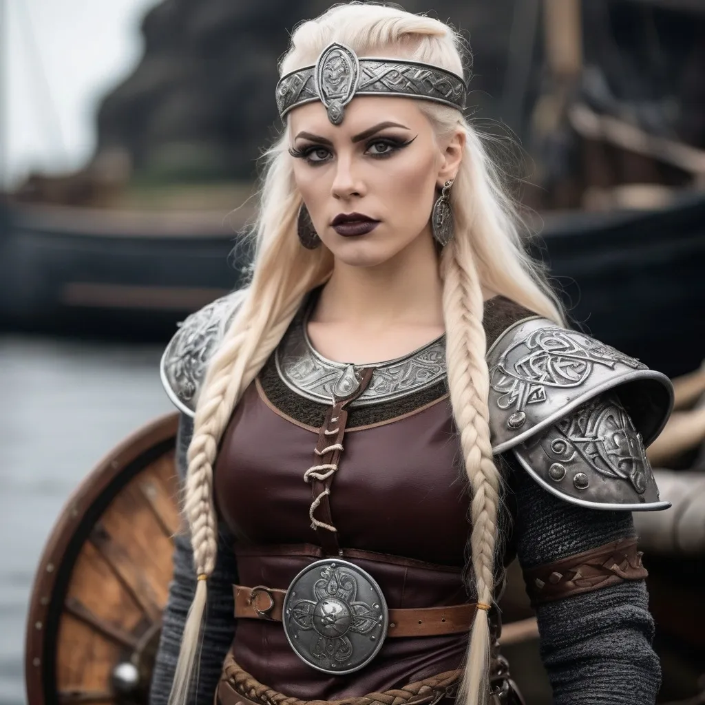 Prompt: A full length image of a Gorgeous muscular 25-year-old drag queen shield (with slight masculine jawline and brow facial features) maiden of the Viking Kingdom of Jorvik 875AD standing by A Viking Longship. She has long loose platinum blonde hair, dark eye make and dark lipstick..  She has a large busom. She is wearing traditional Viking female clothing of the period. She is wearing Viking face and body jewellery.