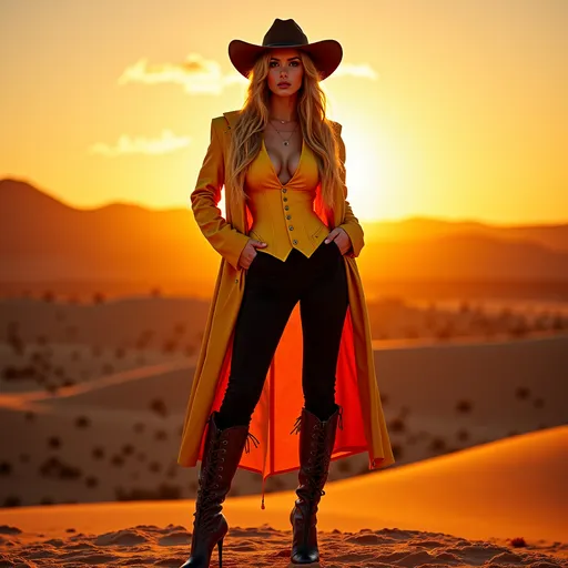 Prompt: (Gorgeous ultra-muscular 25-year-old Swedish drag queen bodybuilder cowgirl with ridiculously long strawberry-blonde hair), standing confidently in a yellow corset and elegant black pants and longcoat, cowboy hat, full body shot, vibrant desert background at sunset, warm golden and crimson tones illuminating the scene, dramatic shadows, ultra-detailed, capturing an adventurous and daring spirit, dynamic pose, rugged leather stiletto high heel boots, striking facial features, showcasing both strength and beauty.