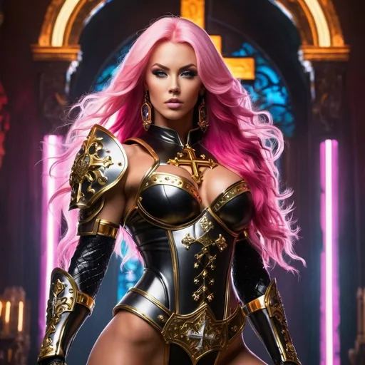 Prompt: Gorgeous ultra-muscular  25-year-old caucasian Finnish goddess bodybuilder with huge  busom and ridiculously long pink hair wearing massive gothic armor with extremely detailed golden ornaments while a glowing cross stands in the Background - stunning and colorful artwork inspired by the style of Kim Hyung Tae ::5 highly stylized and artistic, with a strong emphasis on character design and visual impact, featuring unique and interesting poses and facial expressions ::4 vivid and dynamic, with a strong sense of motion and energy, featuring bold colors and interesting backgrounds ::3 highly imaginative and visually striking, with interesting lighting and shading, featuring iconic and unforgettable imagery ::3 no overly simplistic or generic designs. ::-2 --ar 9:16 --quality 2 --style expressive --niji 6