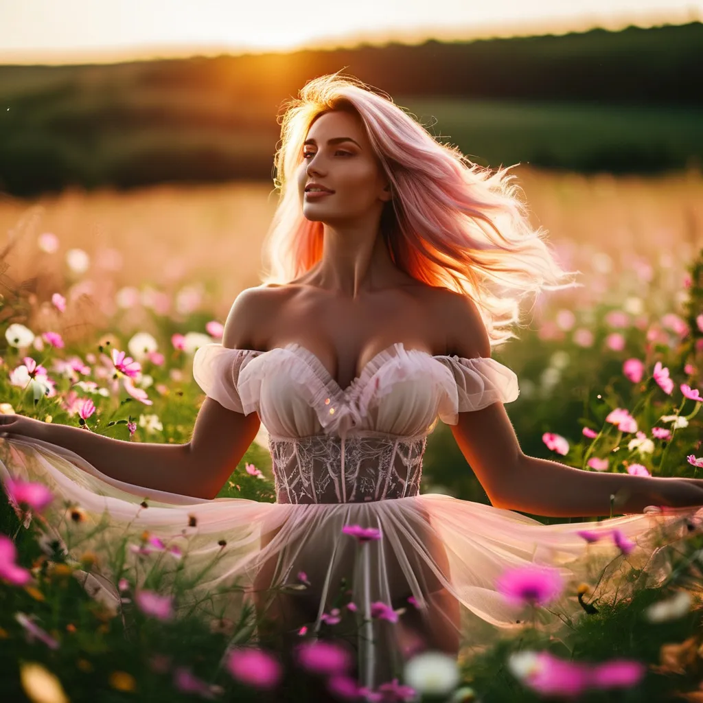 Prompt: A gorgeous ultra-muscular 25 years old Czechian goddess bodybuilder with huge busom short pink hair, in a short, airy transparent dress, flying in a field of wild flowers. Professional photography, bokeh, natural lighting, canon lens, shot on dslr 64 megapixels sharp focus