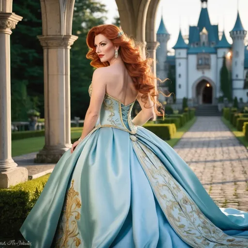 Prompt: A gorgeous muscular 35-year-old Swedish drag queen bodybuilder  (with big busom, dark lipstick, full lips, dark orange hair) in a flowing Blue satin silk gown with gold embroidery, ballroom of a medieval castel, Anton Pieck style, medieval fantasy, intricate patterns, ornate cloth, royal attire, detailed realistic clothing folds, lush greenery, soft pastel tones, romantic lighting, professional, ultra-detailed, fantasy, medieval, satin gown, palace garden, Anton Pieck style, ornate architecture, lush greenery, romantic lighting, royal attire, intricate patterns, soft pastel tones, flowing fabric, professional lighting