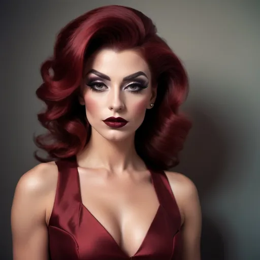 Prompt: photorealistic, (Holga photography), gorgeous ultra-muscular 25-year-old Italian drag queen businesswoman with long dark red updo hair, drak eyeshadow and dark red lipstick,  (haughty expression), (confident pose), full body, low-fidelity dreamy aesthetic, soft light flare, analog photography style, vintage charm, grainy texture, warm tones, stylish attire, evoking authority and elegance, reminiscent of classic business imagery, capturing a moment of confidence, (low quality), ideal for a striking portfolio or profile shot, perfect blend of retro and modern vibes.