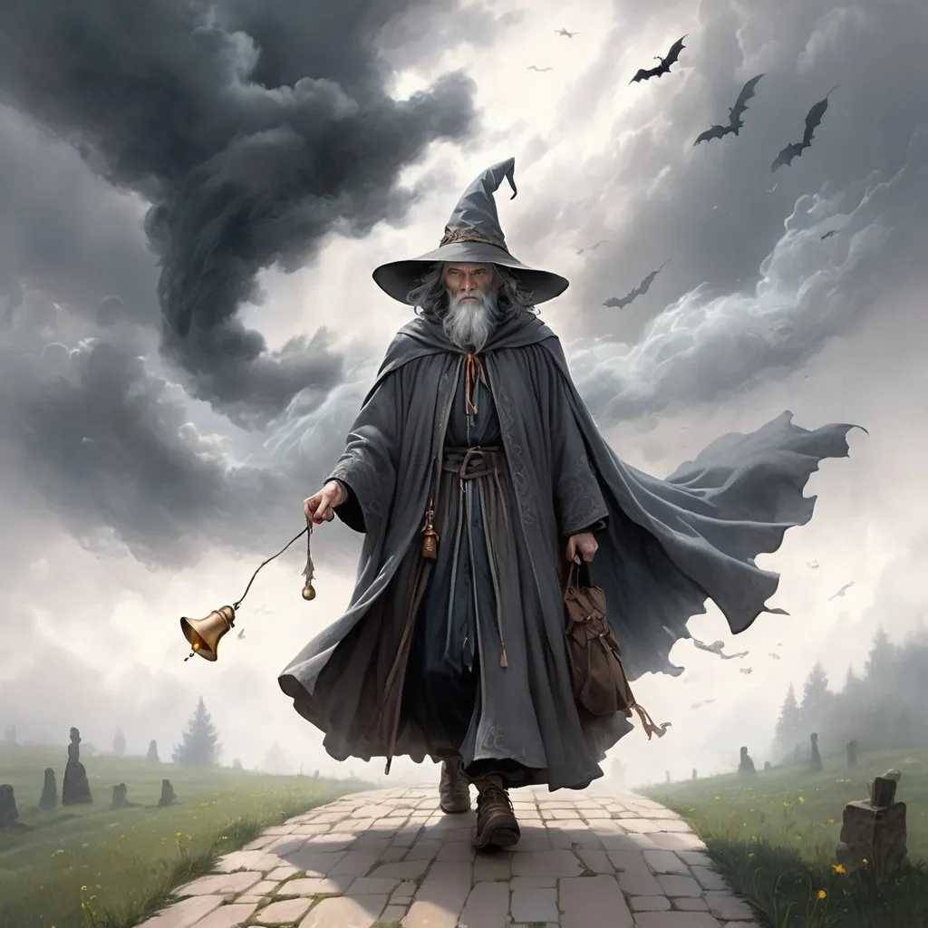 Prompt: Misty morning, clouds in the sky
Without warning, a wizard walks by
Casting his shadow, weaving his spell
Long, grey cloak, tinkling bell