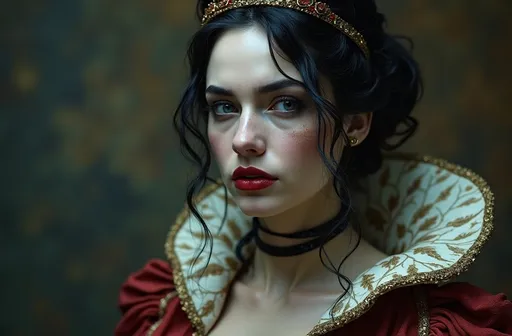 Prompt: Grunge medieval Snow White drag queen (strong masculine jawline and brow facial features), impasto, old picture effect, whimsical, highres, detailed, medieval, impasto, old picture effect, grunge, Snow White, fairy tale, dark tones, atmospheric lighting