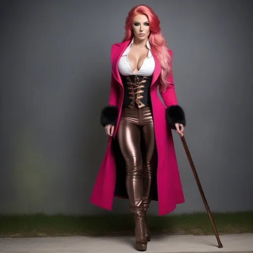 Prompt: A gorgeous ultra-muscular 25-year-old Finnish goddess bodybuilder with huge busom wearing a long black coat, with a bronze waistcoat and a white shirt, unbuttoned at the top . She's wearing a slightly crumpled top hat and has ridiculously long pink hair. She carries a walking cane with a red crystal on its round handle. She has green eyes. In the style of gothic & steam punk. She is about 25 years old. wearing a heavy, red coat, bronze pants, and 8 inch high heel shoes. Composition focus on legs and full-body. 