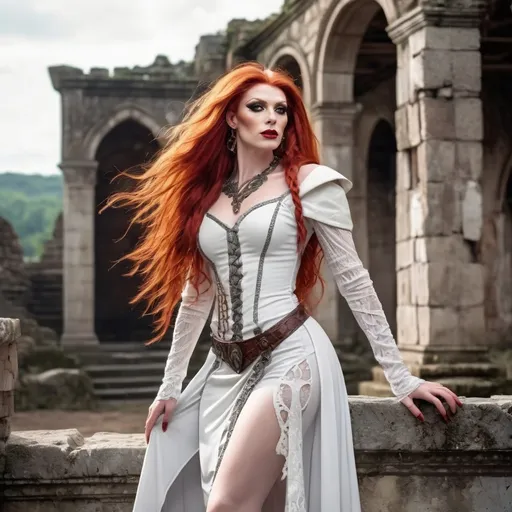 Prompt: realistc, Full body, (Hot red-headed drag queen mistress), long braided red hair, gorgeous strong face (strong masculine jawline and brow features), long white leather medieval fantasy dress, with straps and lace, stunning high heels, dominant stance, looking over shoulder, set between ancient ruins, magical spells shoot  the air