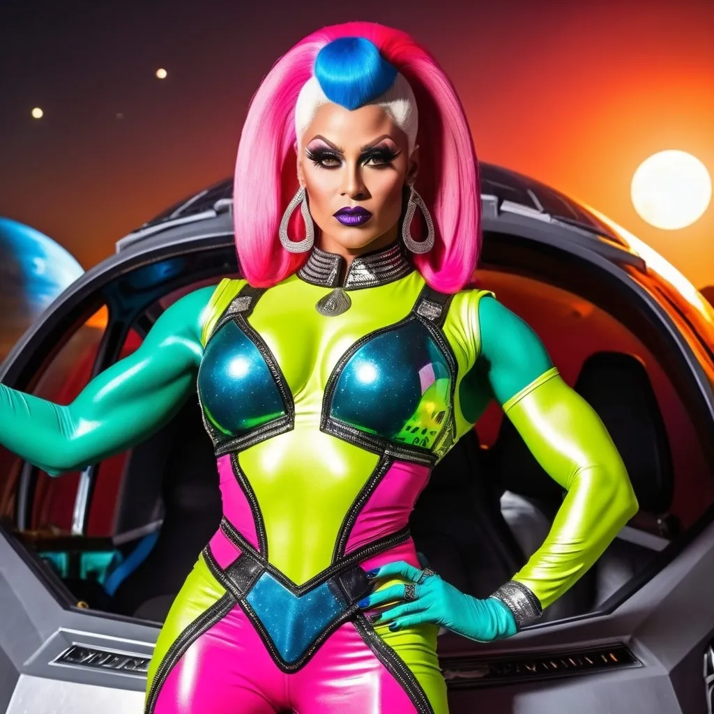 Prompt: Gorgeous celestial drag queen bodybuilder (with a very strong masculine brow and jawline)being from another planet with intentions to lure men into her alien ship to breed. Wearing a beautiful brightly colored  armored gown The alien beings are extremely muscular and have huge busom. Posing in front of her space vehicle as three suns set in the background.