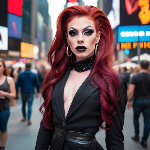 Prompt: Gorgeous masculine 25-year-old Czechian drag queen with long dark red hair wearing a mix of men's and women's clothes. 8 inch stiletto high heel shoes.  Dark eye makeup and dark lipstick.  Location: Time Square.