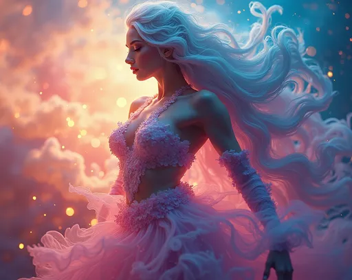 Prompt: (mesmerizing dreamscape), gorgeous muscular drag queen, vibrant, (streaming vibrant colors), surreal morphing shapes, fluid movements, seamless transitions, state of the art visuals, imaginative landscapes, enchanting atmosphere, captivating transformations, high depth, high resolution, ultra-detailed, abstract design, mesmerizing fluidity, otherworldly beauty.
