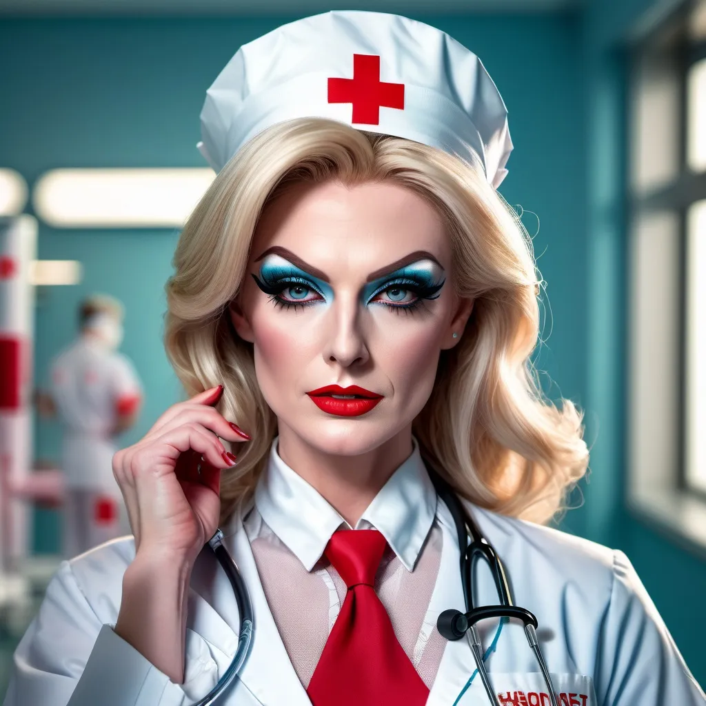 Prompt: A high definition hyper-detail live action digital photograph of a MUSCULAR Drag queen nurse