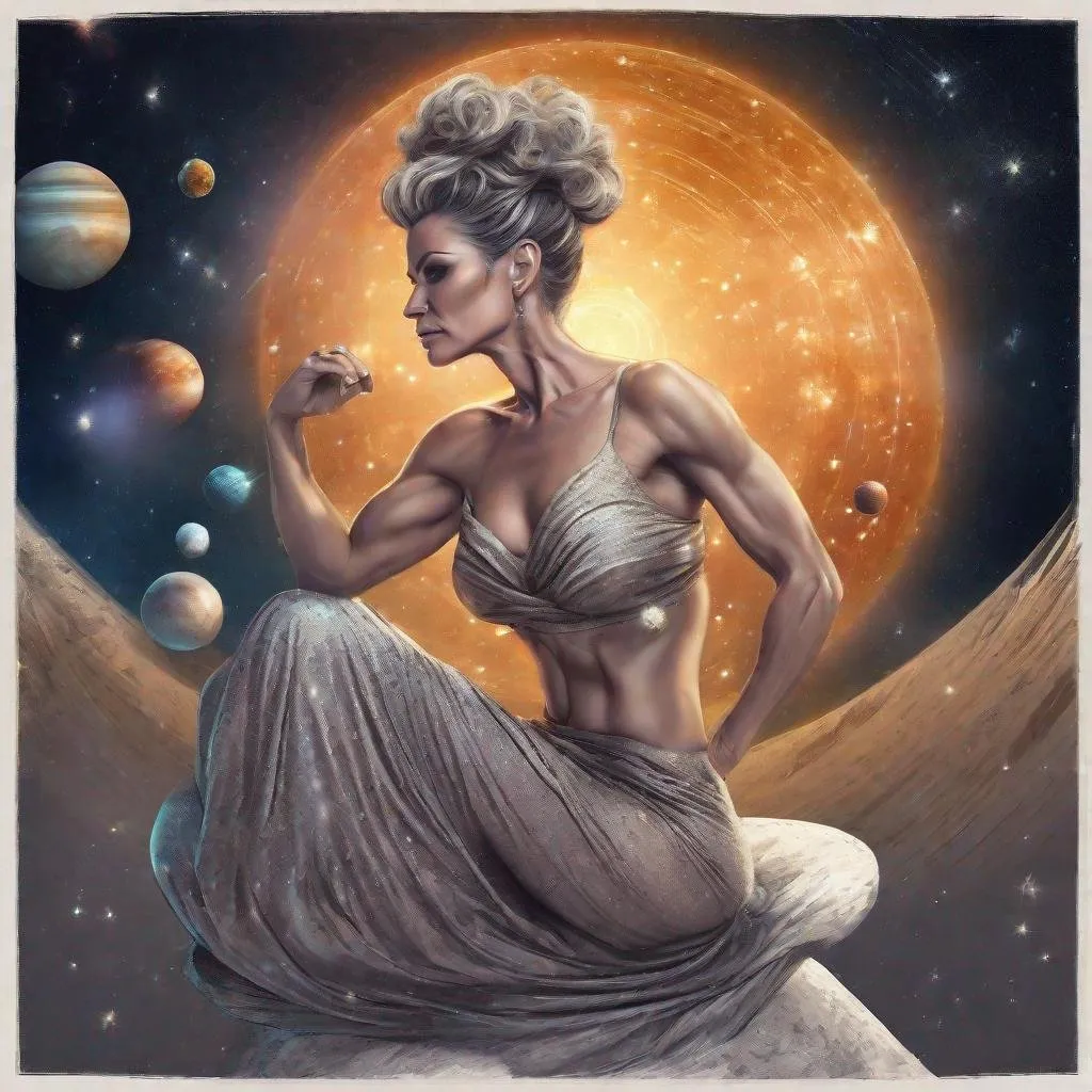 Prompt: Gorgeous muscular 45 year old Goddess with a huge busom, salt and pepper updo hair wearing a short flowing star covered gown sitting on a planet looking out into space. Background is the solar system 