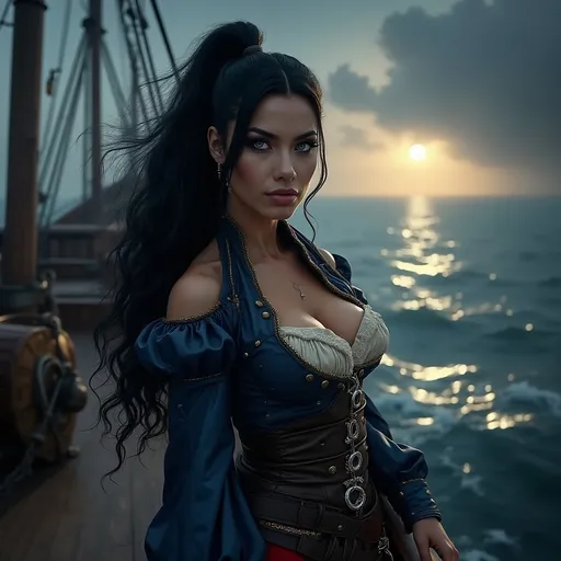 Prompt:  Gorgeous muscular 35-year-old French drag queen Pirate with long curly black hair and big busom, detailed clothing, realistic, natural lighting, shiny black hair in a ponytail, pale blue eyes, Revolutionary Era Naval Uniform, standing on the deck of a galleon, moonlight mid-battle, dramatic lighting, dynamic and intense atmosphere, moon casting silver tones, ocean waves crashing, cannons firing, ultra-detailed, cinematic masterpiece.