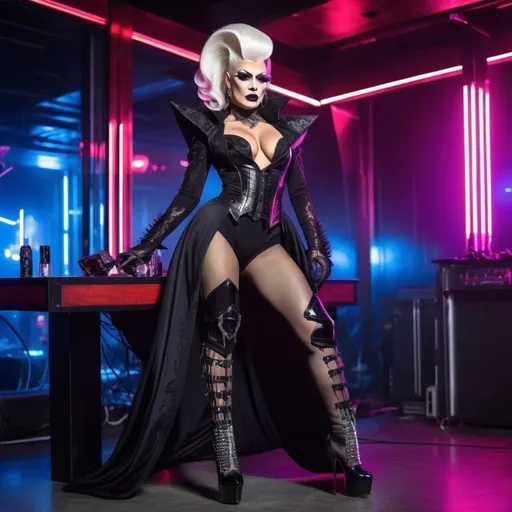 Prompt: Gorgeous muscular cyberpunk drag queen vampire, great legs, crystal high heels,  dark lipstick.